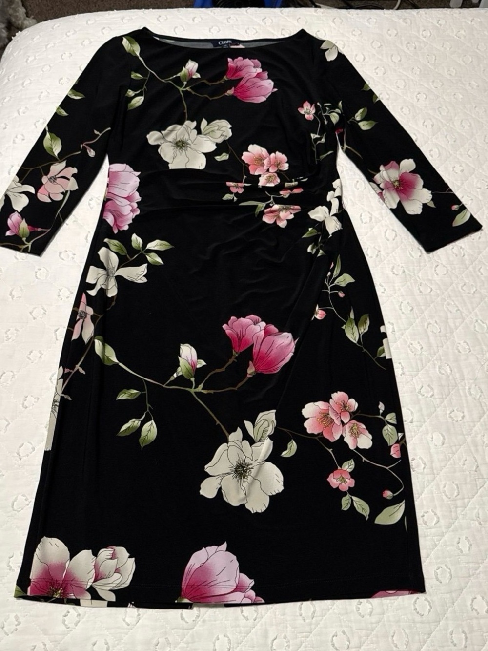Chaps Black Floral Print Midi Dress 3/4 sleeves